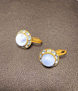 Vintage Pale Blue Cabochon and Rhinestone Gold Tone Clip On Earrings MCM